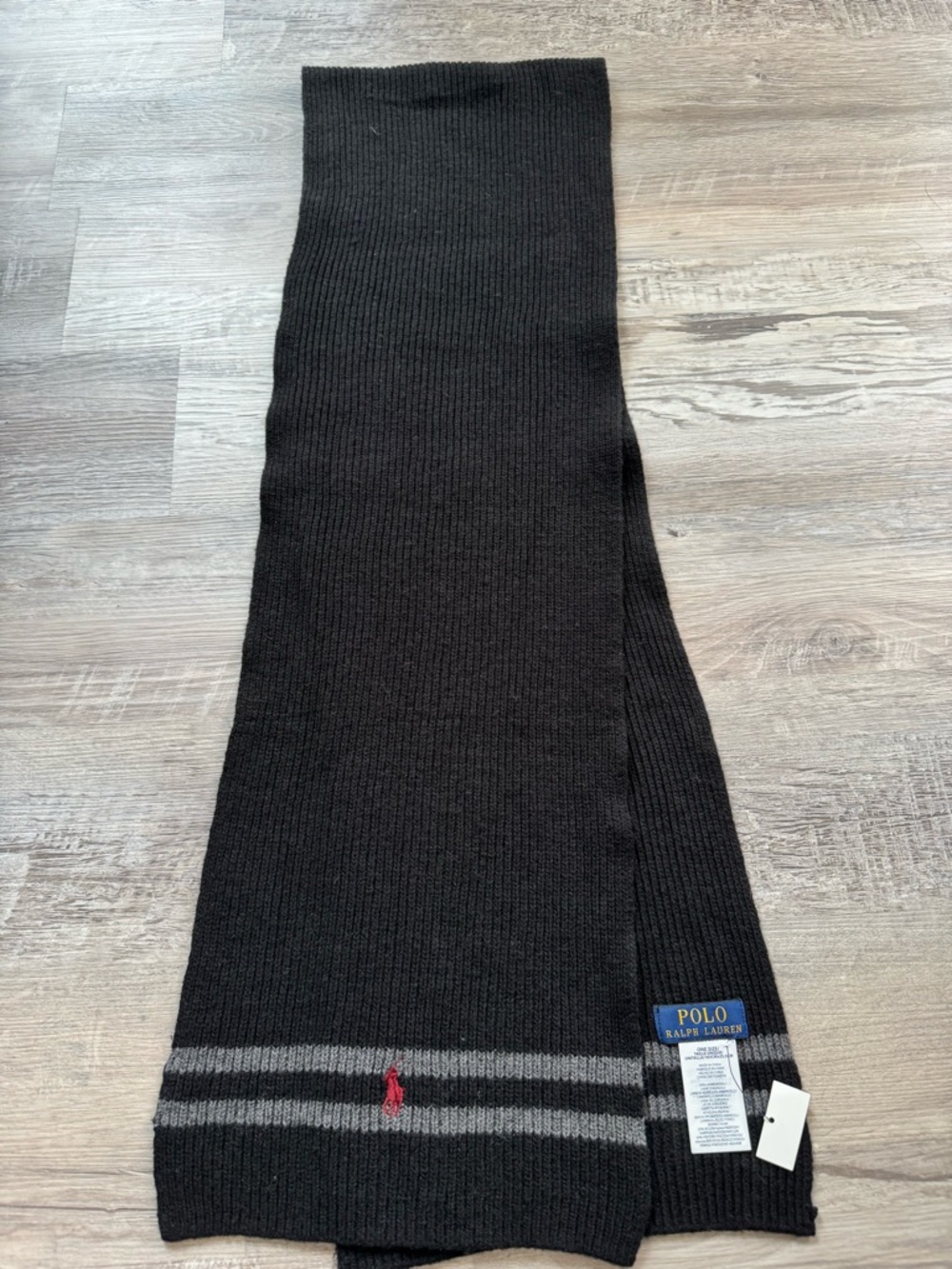 Polo Ralph Lauren Men's Scarf in Black and Gray Stripes. 35% Lambswool, 35%